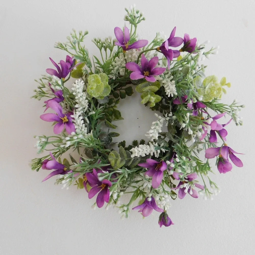 Dusty Miller Mini Wreath‎ Eucalyptus Purple Flowers Candle Ring